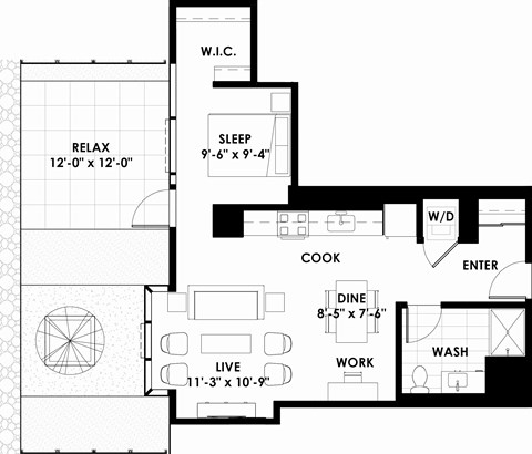 Floor plan for 1 bed, 1 bath, 667 sqft